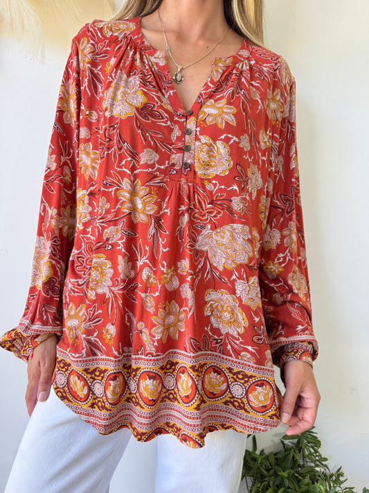 Blusa Etnica con Estampado Floral en Tonos Tierras