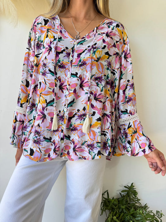 Blusa Floral con Detalle de Encaje