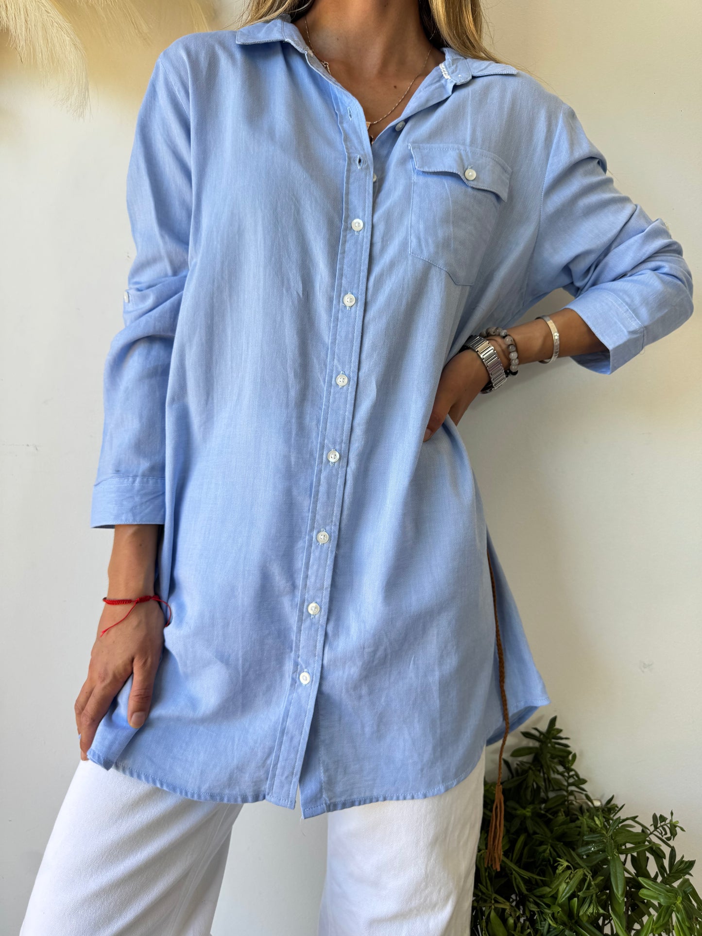 Blusa Camisera Azul con Cinturón