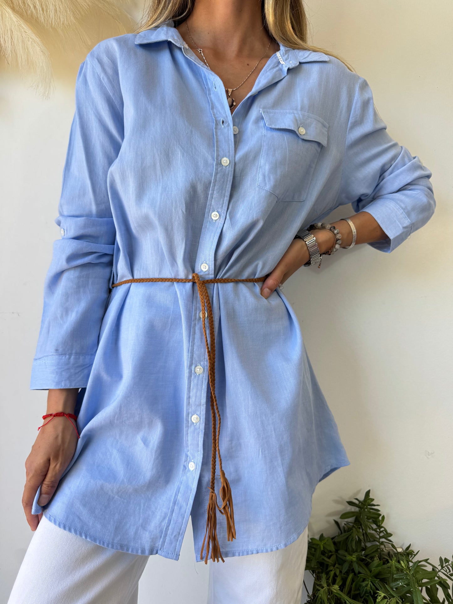 Blusa Camisera Azul con Cinturón